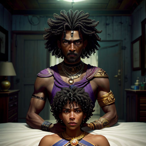a man and a woman in a bedroom with a bed and a mirror behind them, both wearing costumes