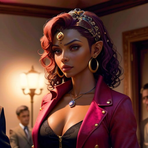 a woman in a red jacket and gold jewelry standing in a room with other people and a lamp on the wall