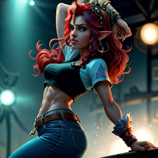 a woman with red hair and a top on is dancing on stage with lights behind her and a microphone in her hand