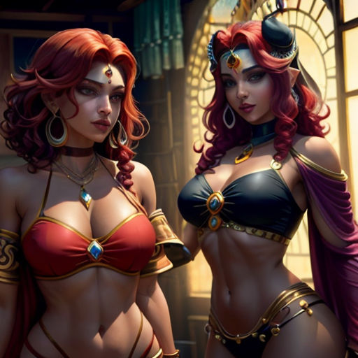 two women in bikinis standing next to each other in front of a window with a clock on it