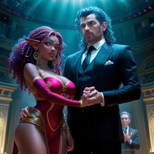 a man and a woman in a costume standing next to each other in a theater setting with a spotlight