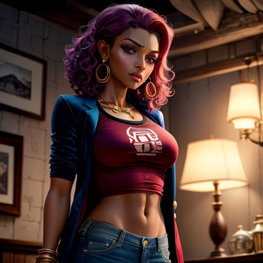 a woman with pink hair and a red top is standing in a room with a lamp and a picture on the wall