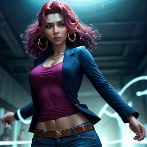a woman with red hair and a blue jacket is standing in a room with a light on her head