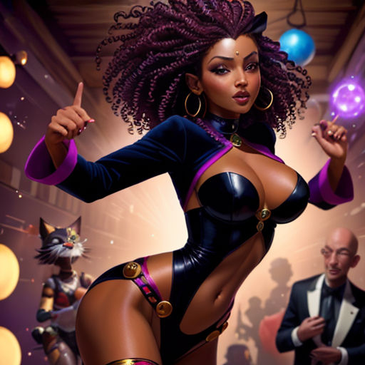 a woman in a black outfit with a cat on her chest and a man in a suit behind her