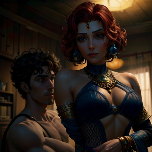 a woman in a bra top and a man in a suit in a room with a clock on the wall