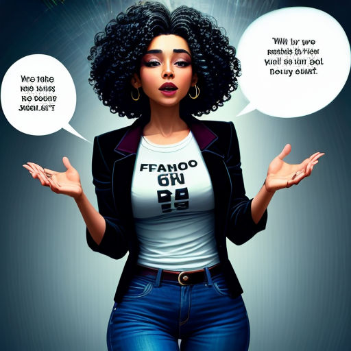 a woman with two speech bubbles above her head and a comic strip above her head, with a comic strip above her head