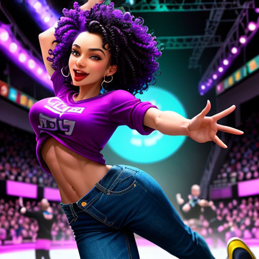 a woman in a purple shirt and jeans dancing on a stage with a crowd of people in the background