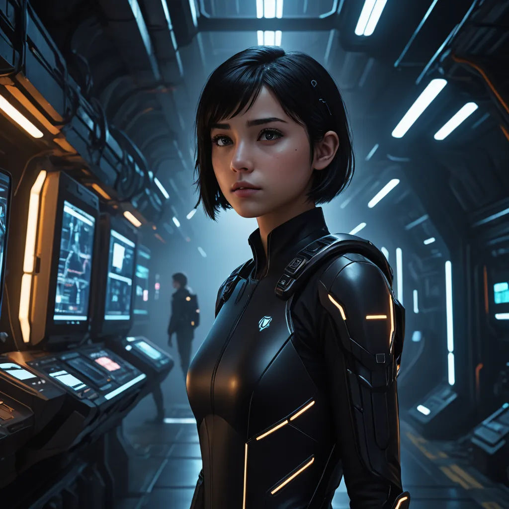 a woman in a futuristic suit standing in a room with a computer screen and a man in the background, retrofuturism, computer graphics, Cedric Peyravernay, cgstudio