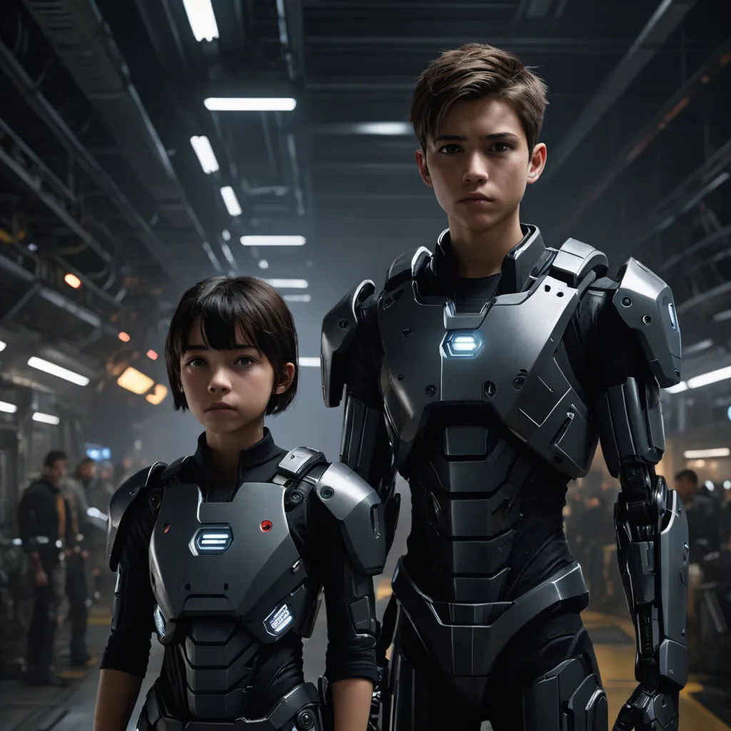 a couple of people standing next to each other in a room with lights on and a robot suit on, antipodeans, computer graphics, Ai-Mitsu, promotional image