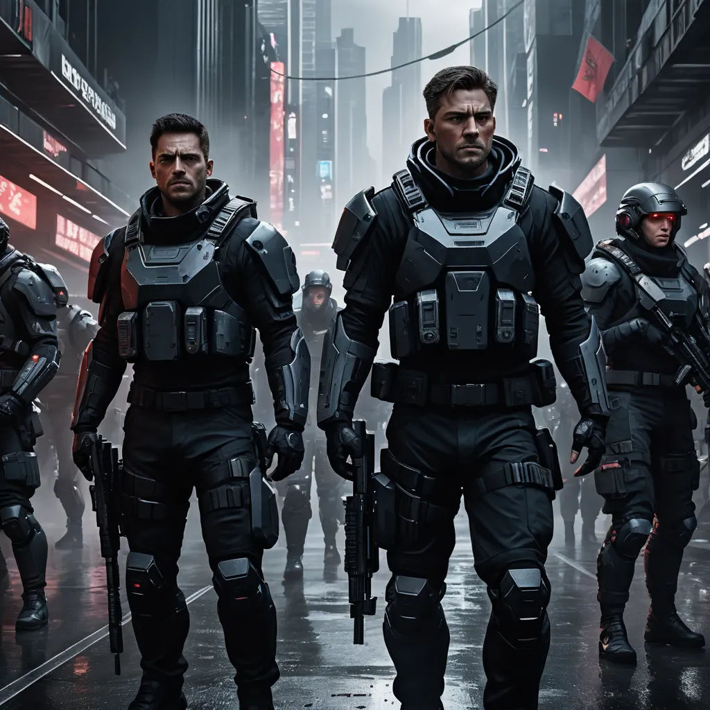 a group of men in futuristic suits walking down a street in a city with tall buildings and neon signs, antipodeans, concept art, Eve Ryder, mass effect