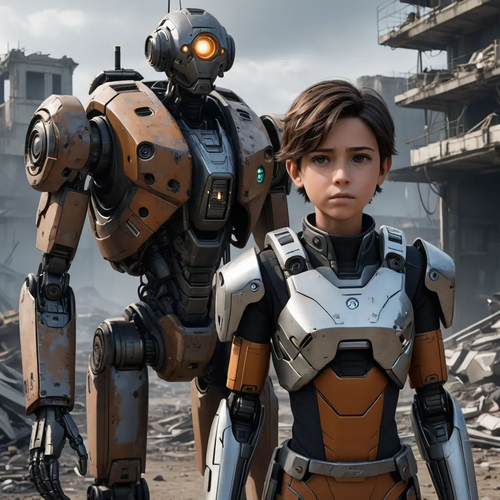 a woman in a futuristic suit standing next to a robot in a destroyed building with a large building in the background, antipodeans, computer graphics, Eddie Mendoza, cgstudio