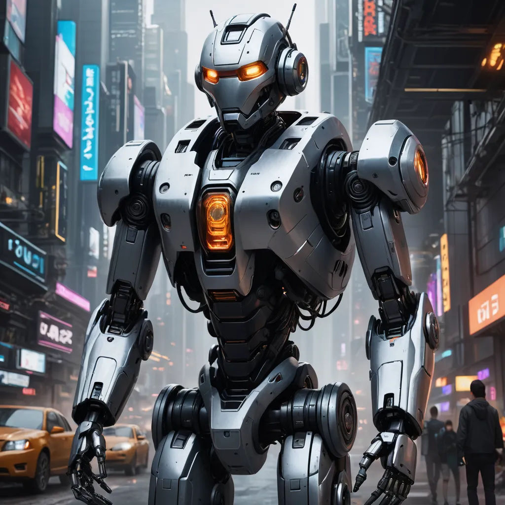 a robot standing in the middle of a city street with a taxi cab in the background and a man in the foreground, antipodeans, cyberpunk art, Beeple, half robot