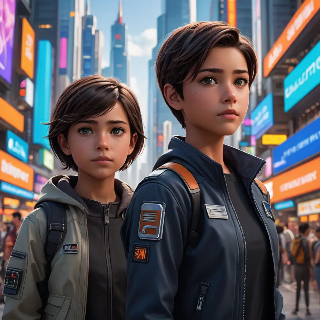 a couple of people standing next to each other in a city street with tall buildings in the background and a person in the foreground, retrofuturism, concept art, Artgerm, cgstudio