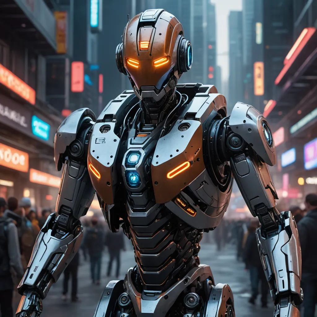 a robot standing in a city street with people walking around it and a neon light on its face and head, futurism, cyberpunk art, Beeple, redshift render