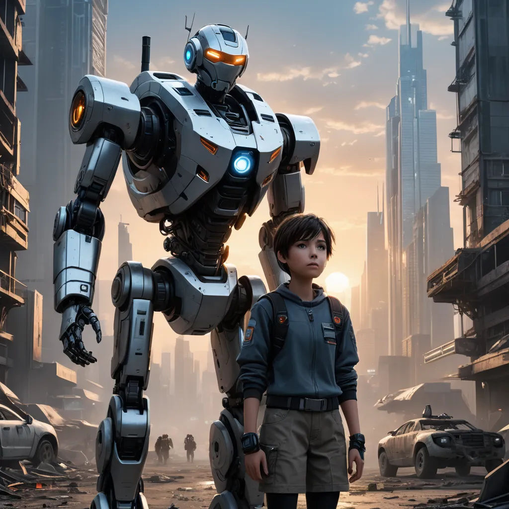 a boy and a robot in a futuristic city with a sunset in the background and a cityscape in the foreground, antipodeans, poster art, Beeple, promotional image
