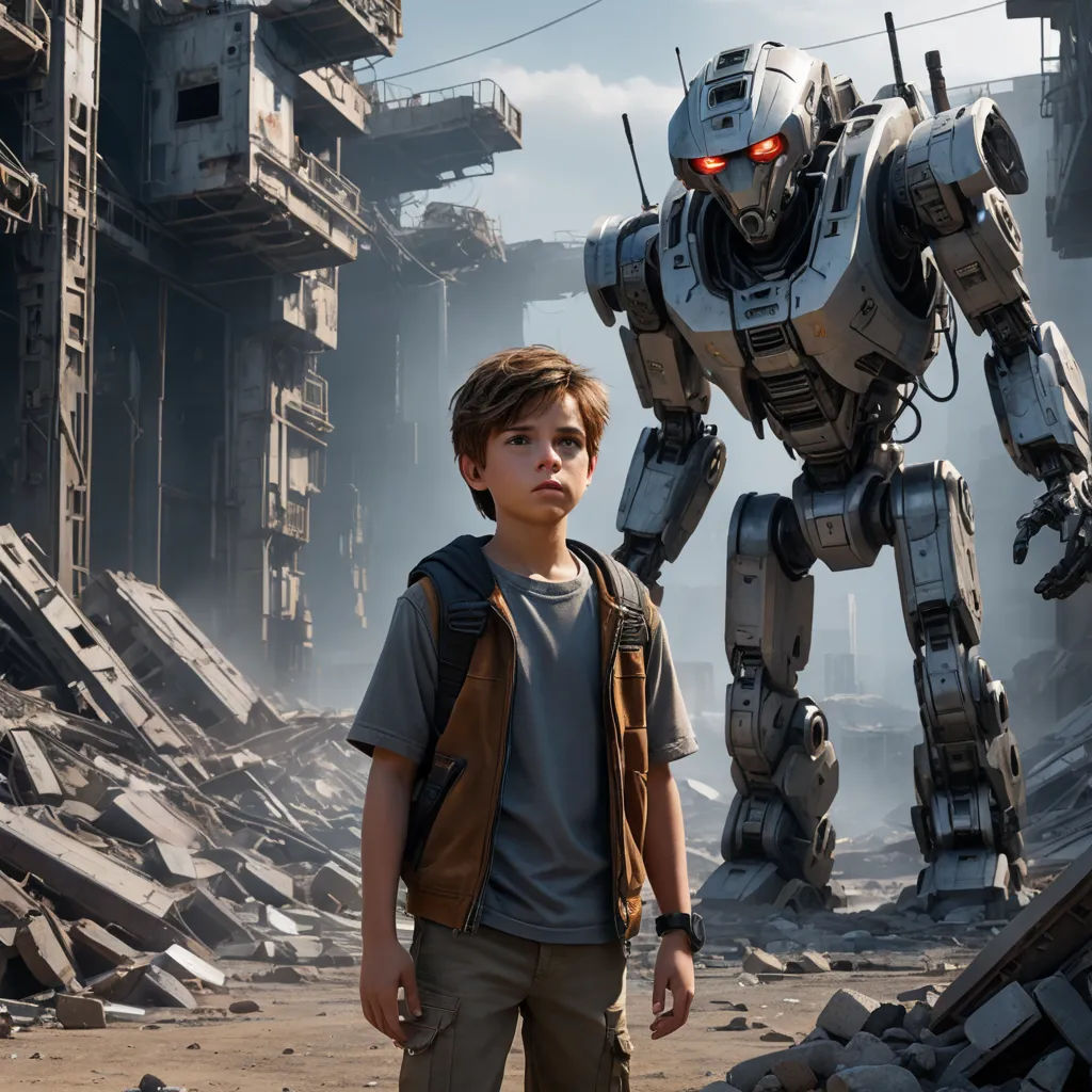 a boy standing in front of a giant robot in a destroyed city with a giant robot in the background, antipodeans, a poster, Beeple, promotional image