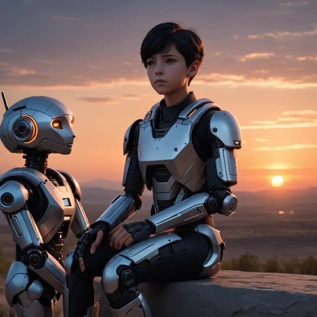 a boy and a robot sitting on a rock at sunset with the sun setting behind them and the sky, retrofuturism, a stock photo, Ai-Mitsu, robots