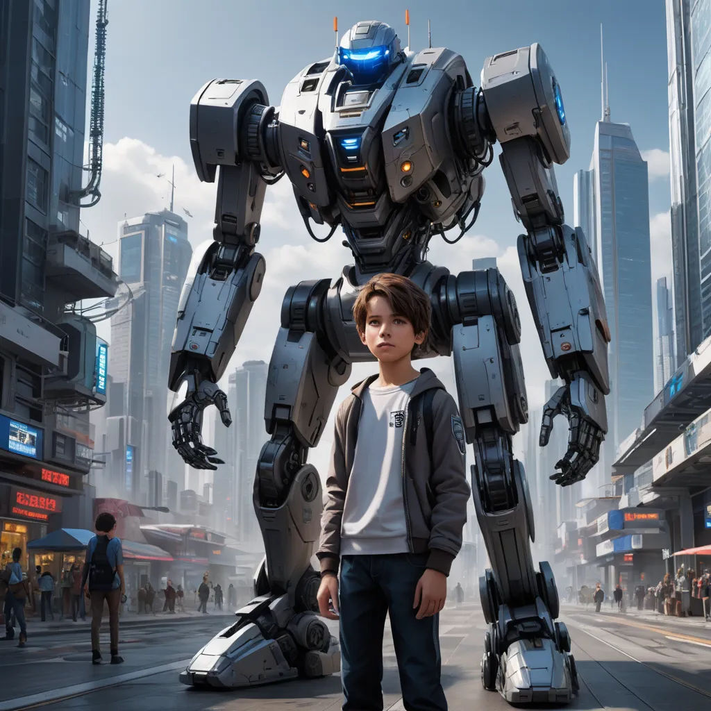 a boy standing in front of a giant robot in a city street with people walking around it and a man standing next to him, antipodeans, poster art, Beeple, promotional image