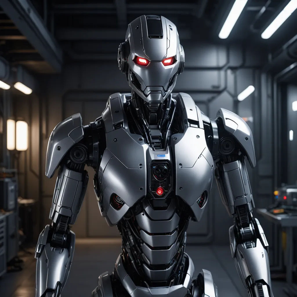 a robot with red eyes standing in a room with a machine gun in it's hand and a light on, les automatistes, a 3D render, Ai-Mitsu, unreal engine 5 highly rendered