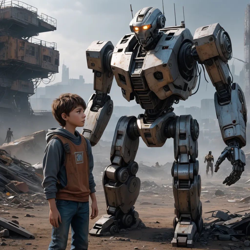 a boy standing next to a giant robot in a dirty field with a man standing next to it in front of a building, antipodeans, concept art, Avgust Černigoj, promotional image