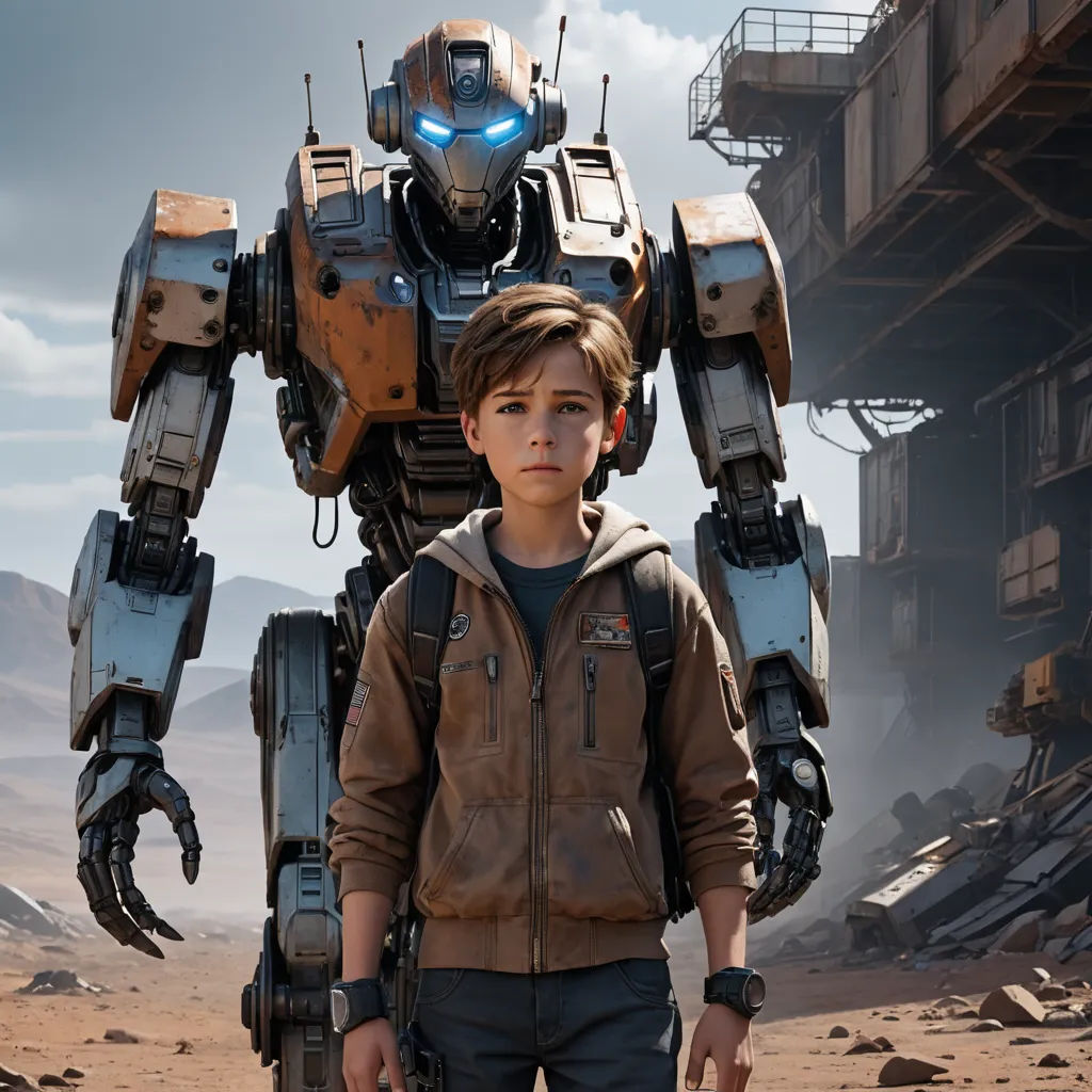 a boy standing in front of a giant robot in a desert area with a building in the background and a man standing next to him, antipodeans, a poster, Beeple, promotional image