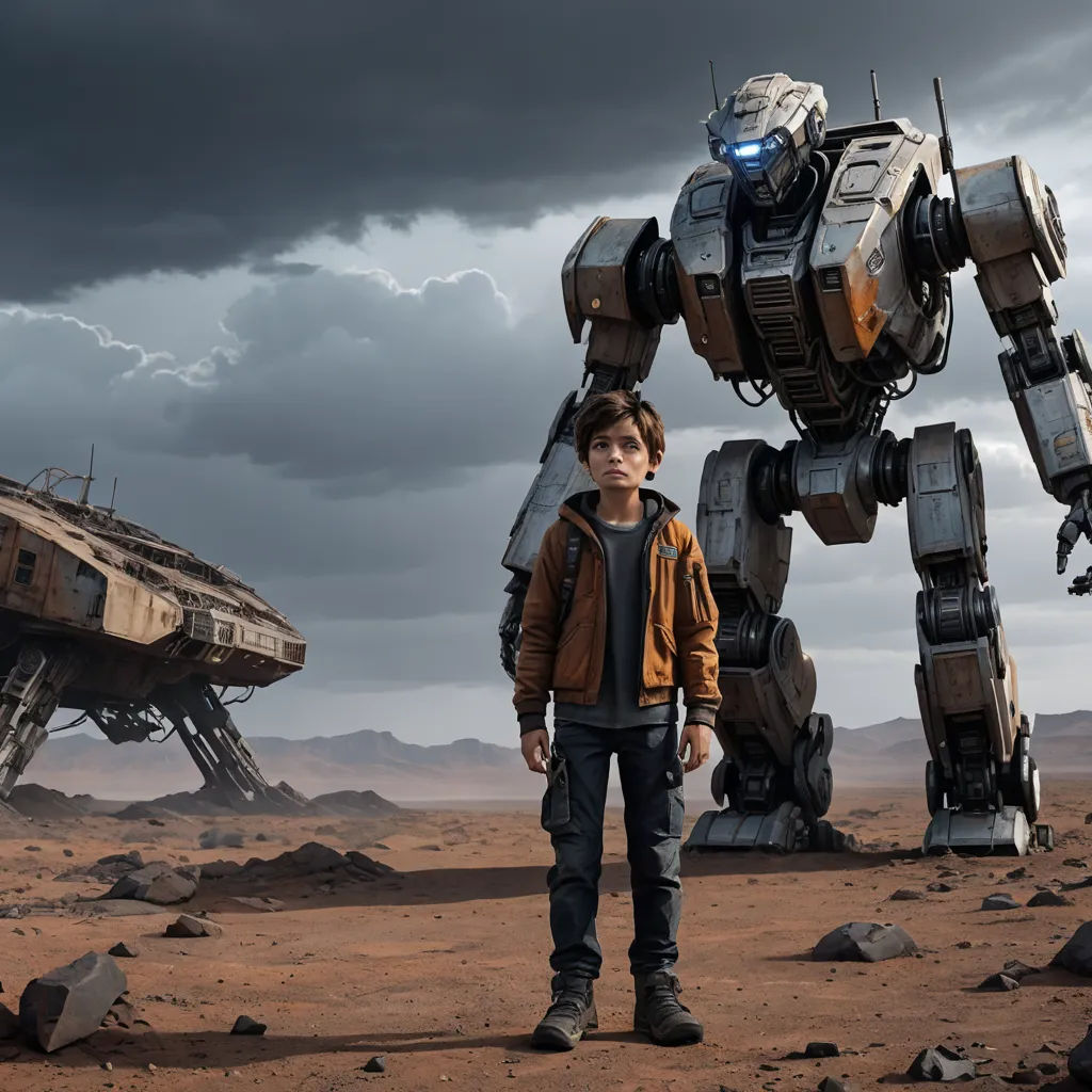 a boy standing in front of a giant robot in a desert area with a large structure in the background, antipodeans, concept art, Beeple, promotional image