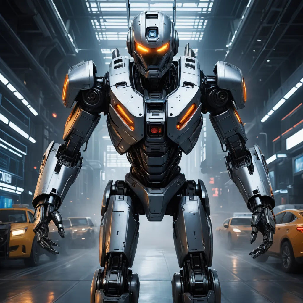 a robot standing in a large warehouse with cars in the background and a yellow car in the foreground, antipodeans, a computer rendering, Eddie Mendoza, unreal engine 5 highly rendered