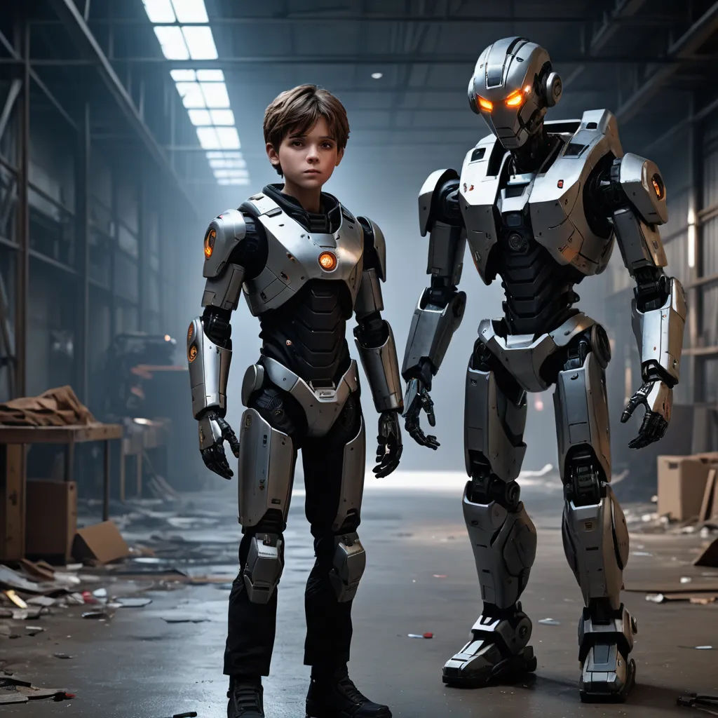 two robots standing next to each other in a warehouse area with a man in the middle of the photo, antipodeans, concept art, Adam Rex, promotional image