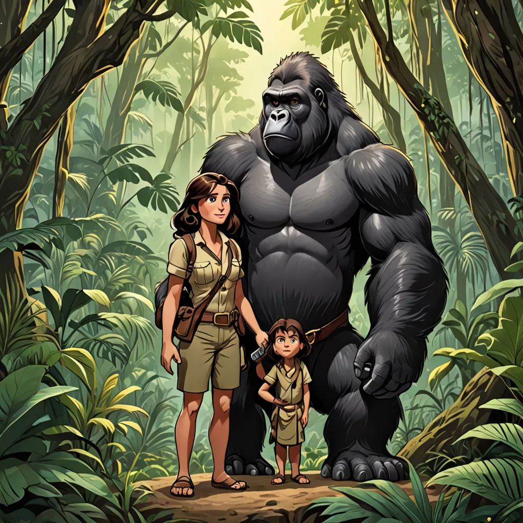 a woman and a child standing in front of a gorilla in the jungle with a man in the background, furry art, poster art, Diego Gisbert Llorens, official art