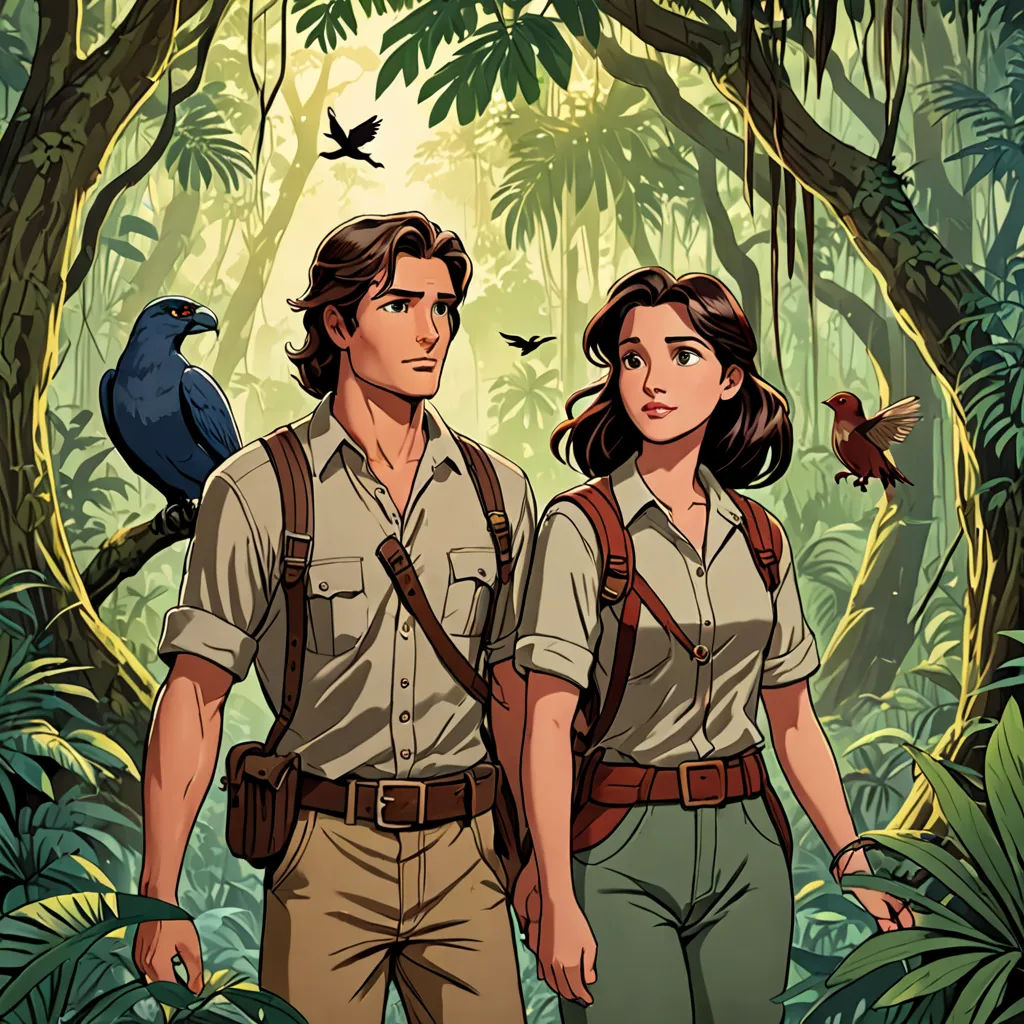a man and a woman standing in a jungle with birds on their backs and a bird on their shoulder, naturalism, poster art, Cliff Childs, rossdraws global illumination