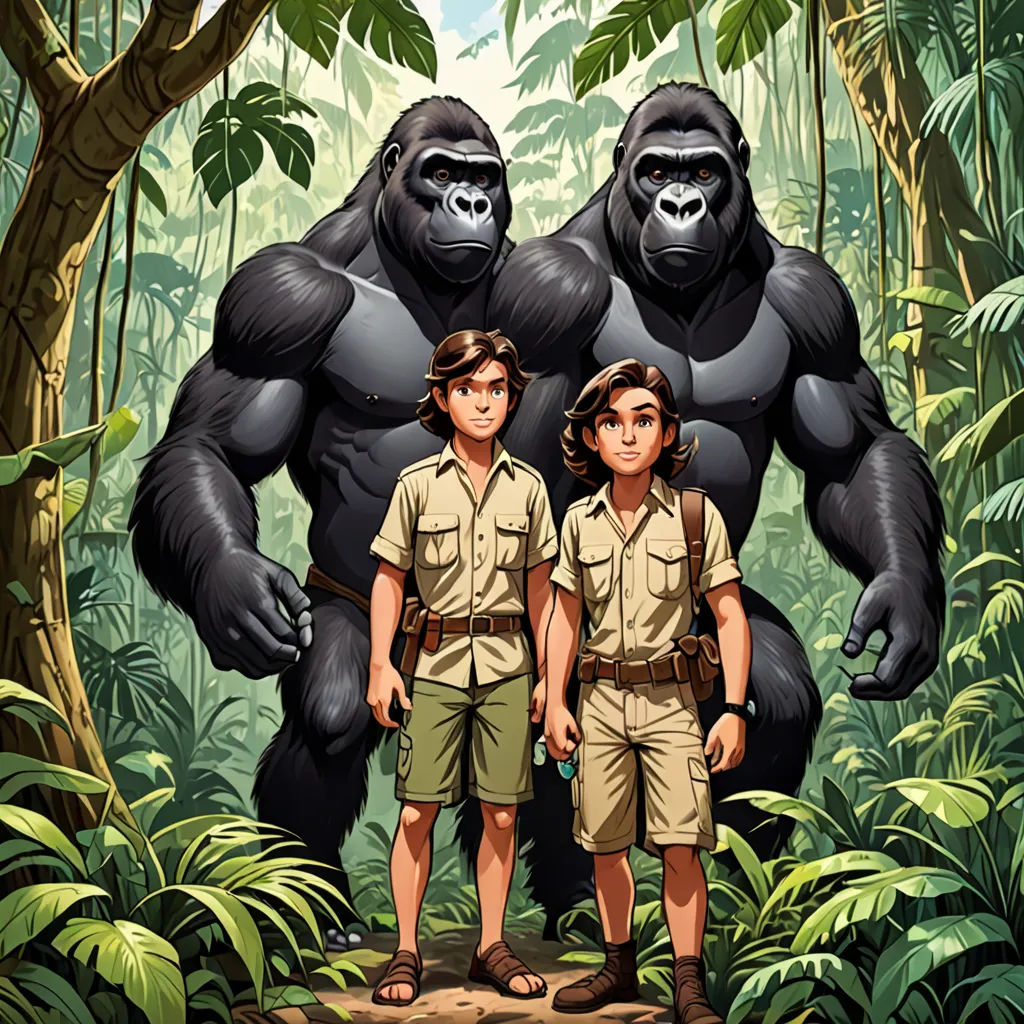 a couple of people standing in front of a gorilla in the jungle with a boy in front of them, neo-primitivism, poster art, Diego Gisbert Llorens, promotional image