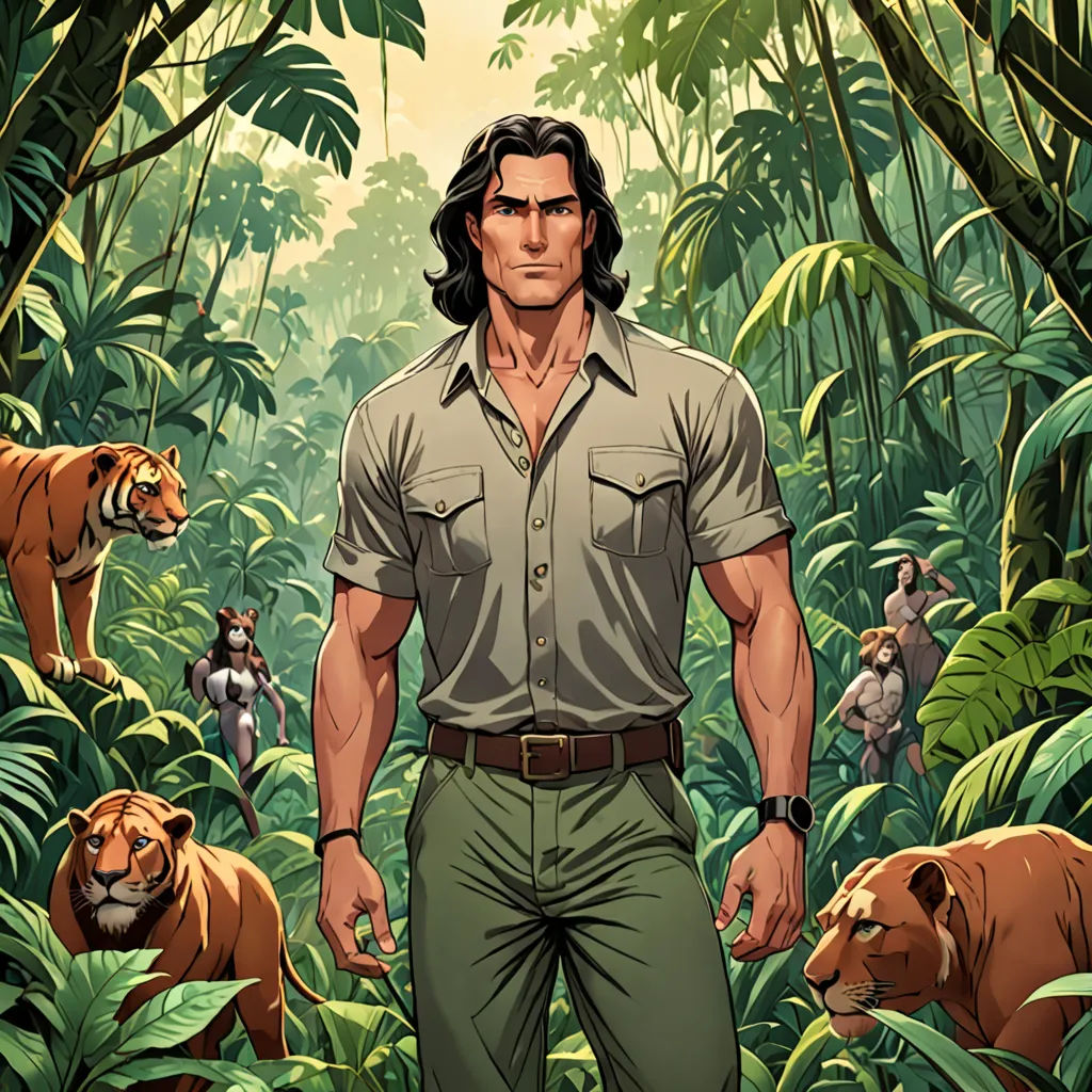 a man in a jungle with tigers and other animals in the background, with a man in a shirt and pants, furry art, a comic book panel, Cliff Childs, official art