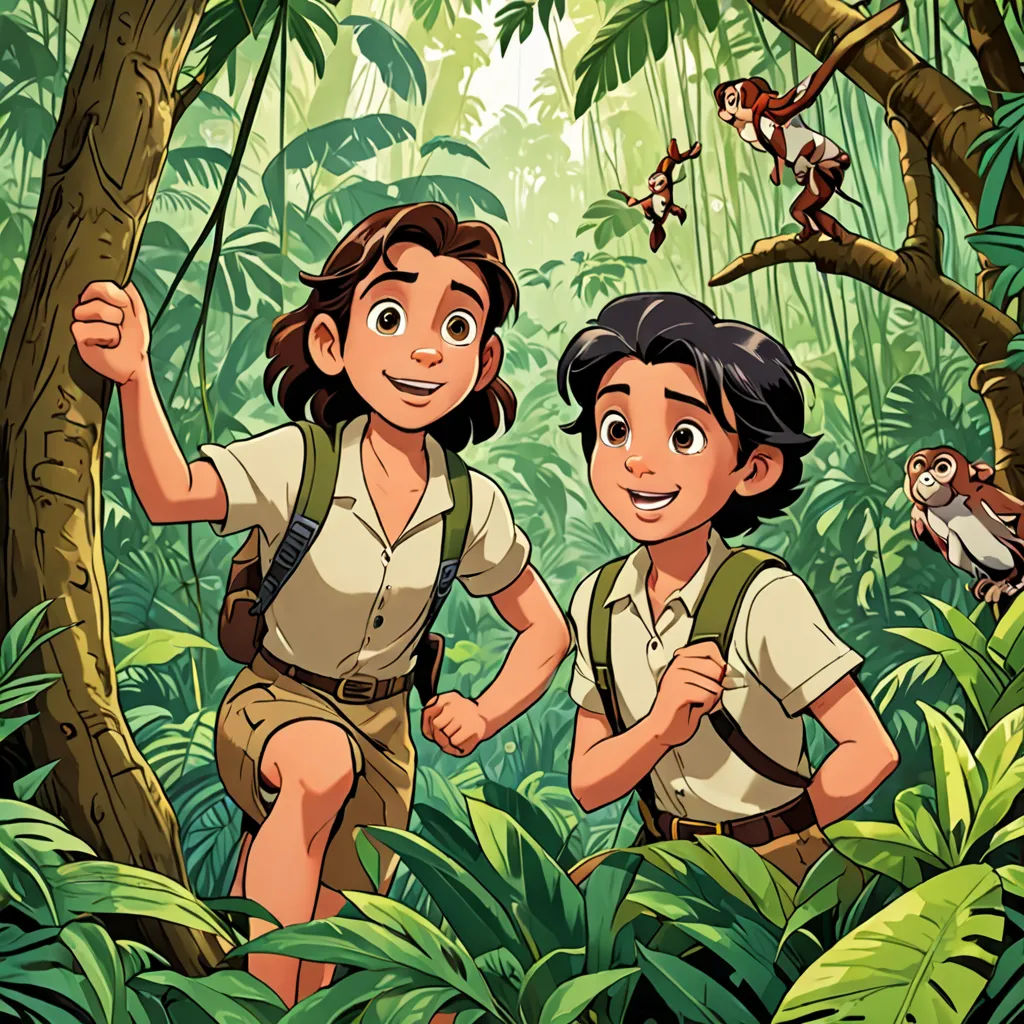 a boy and a girl are in the jungle with monkeys and other animals behind them, and a monkey is on the tree, les nabis, poster art, Diego Gisbert Llorens, official art
