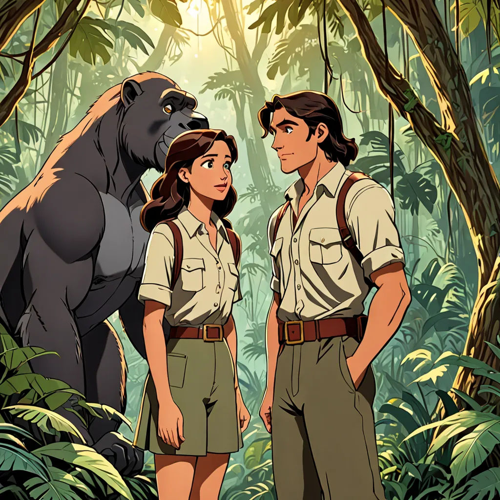 a man and a woman standing in front of a gorilla in the jungle with a gorilla on his head, furry art, poster art, Cliff Childs, official art