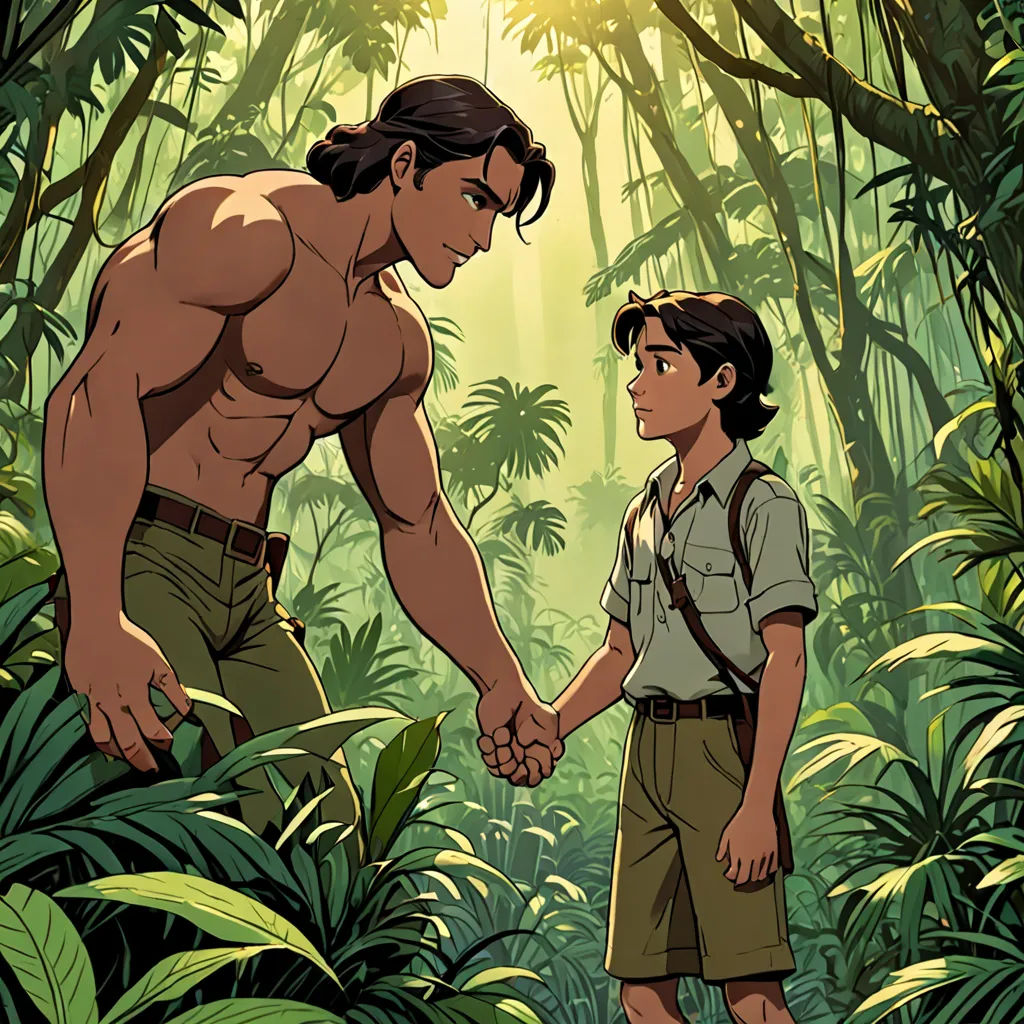 a man and a boy are in the jungle holding hands and looking at each other with a smile on their face, neo-romanticism, a poster, Brothers Hildebrandt, official art