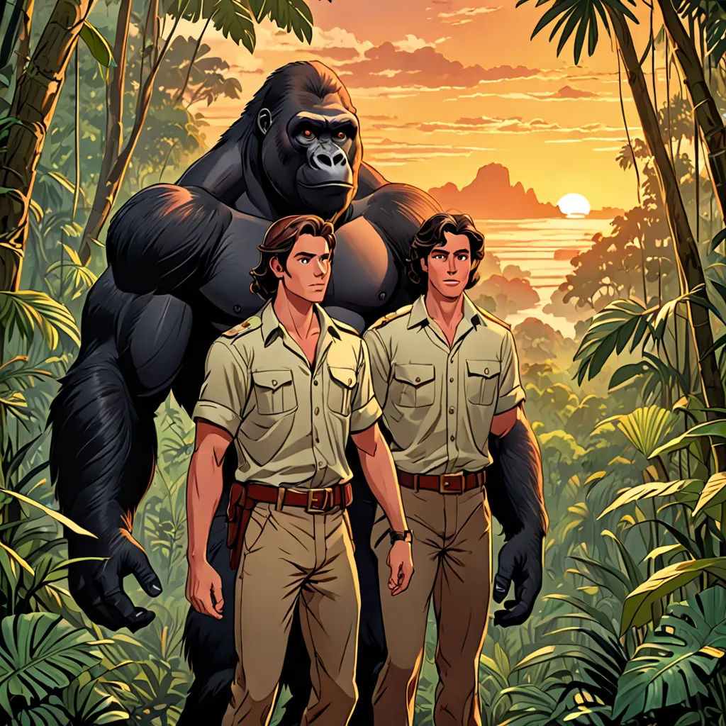 two men in safari uniforms standing in front of a gorilla in the jungle with the sun setting behind them, furry art, poster art, Brothers Hildebrandt, official art