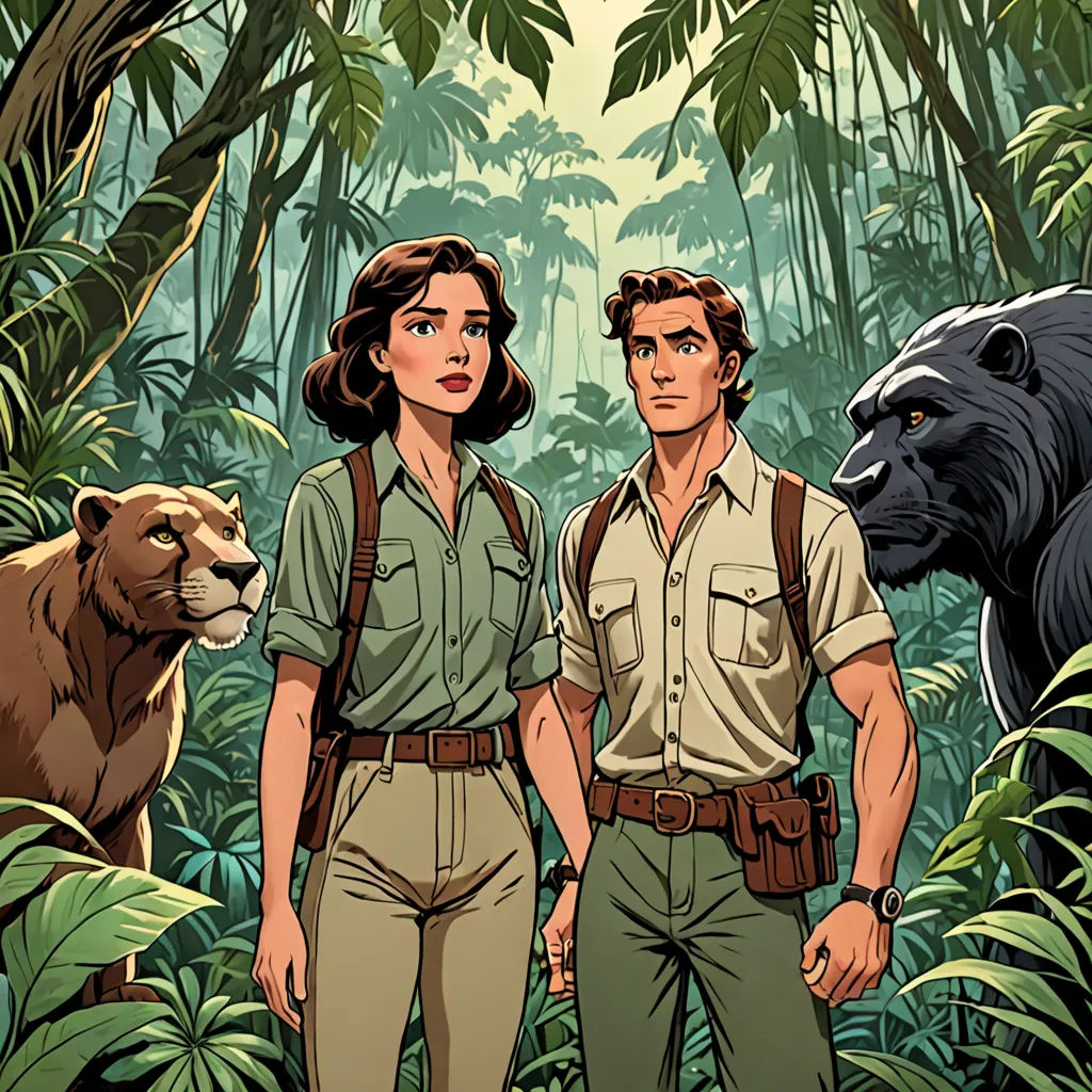 a man and a woman standing in front of a bear in the jungle with a gorilla in the background, serial art, a comic book panel, Colin Middleton, promotional image