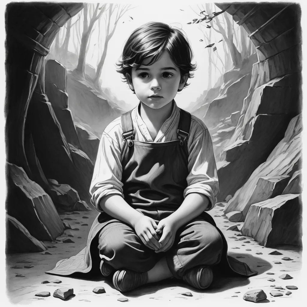 a black and white drawing of a boy sitting on a rock in a cave with rocks and leaves around him, fantastic realism, an ultrafine detailed painting, Brad Kunkle, ambient occlusion