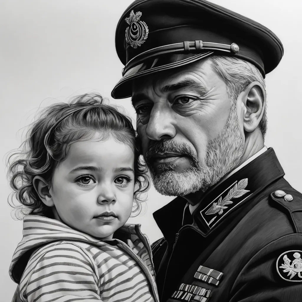 a drawing of a man in uniform holding a little girl in his arms and a man in a hat on his head, hyperrealism, an ultrafine detailed painting, Diego Gisbert Llorens, highly detailed digital painting