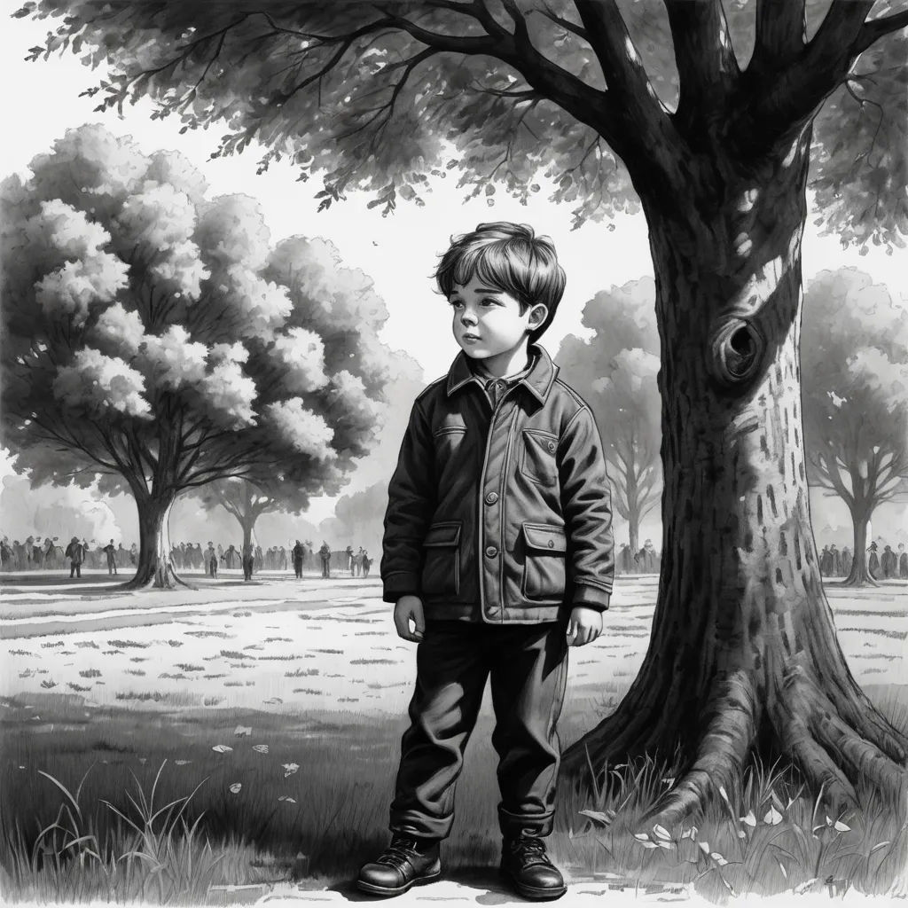 a boy standing next to a tree in a park with a dog nearby in the grass and a field with trees, american realism, an ultrafine detailed painting, F. Scott Hess, storybook illustration