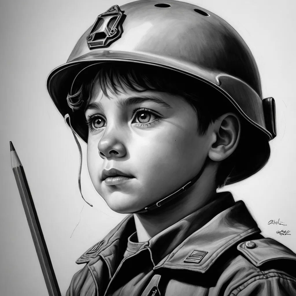 a drawing of a boy in a uniform with a pencil in his hand and a helmet on his head, photorealism, an ultrafine detailed painting, Diego Gisbert Llorens, highly detailed digital painting