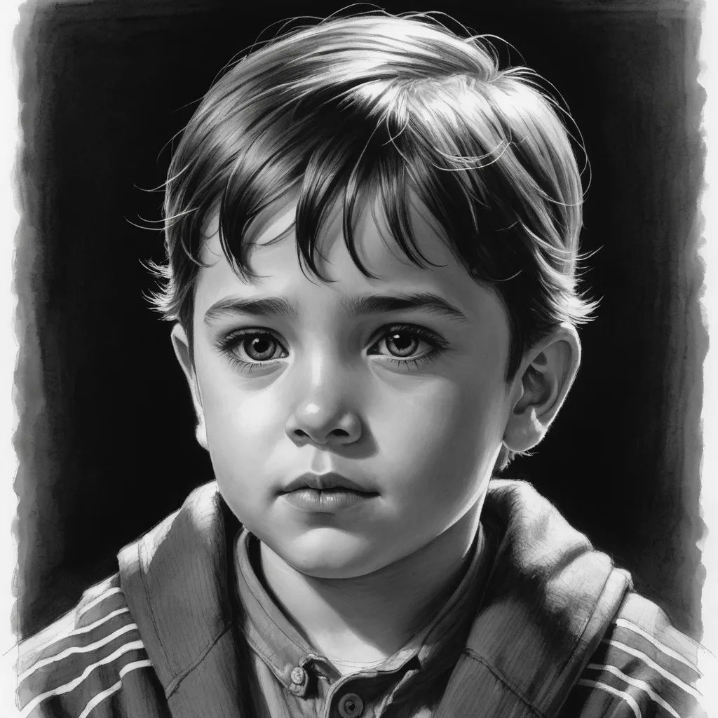 a black and white drawing of a young boy with a serious look on his face and shoulders, looking to the left, photorealism, an ultrafine detailed painting, Dean Roger, photorealistic portrait