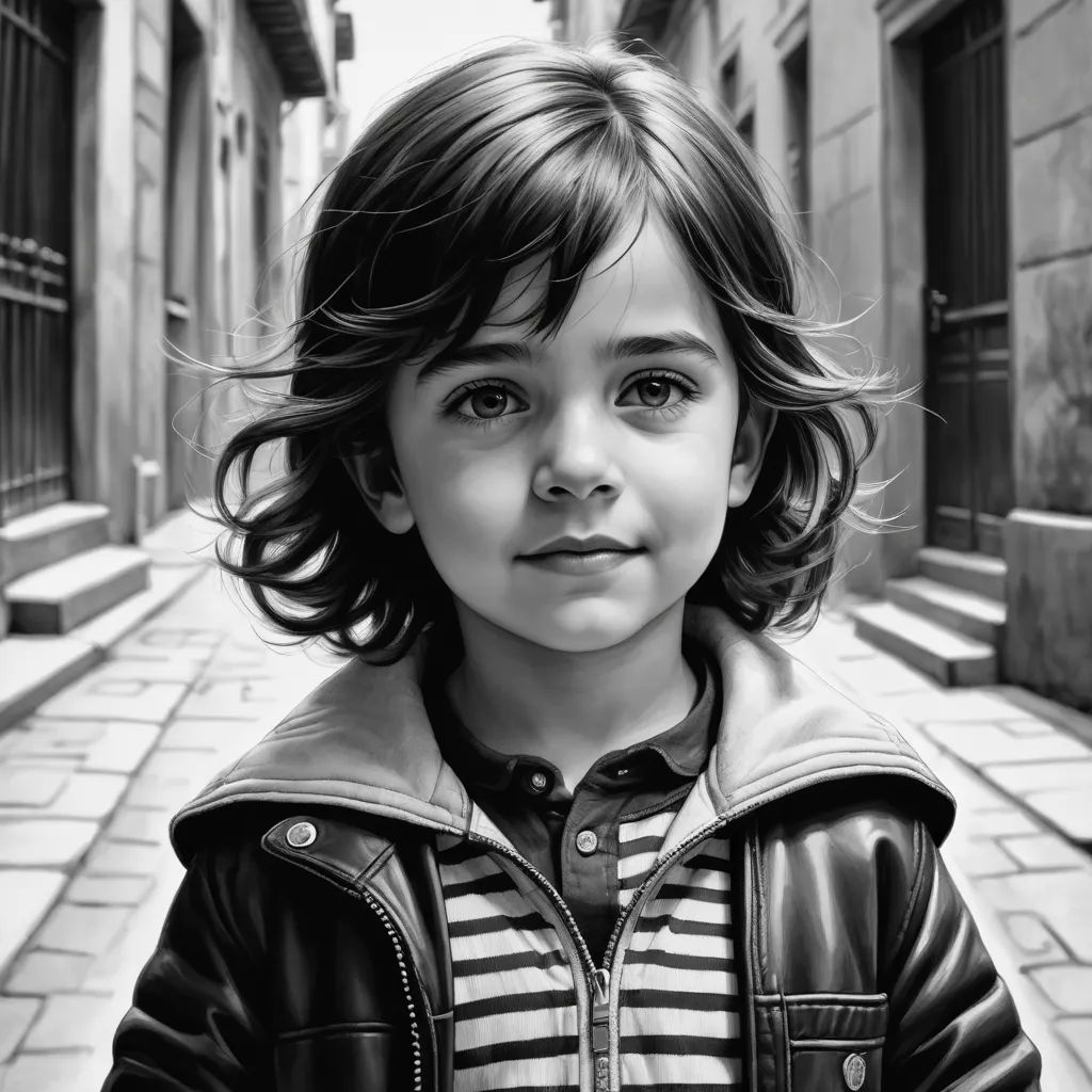 a little girl in a leather jacket standing on a street corner in a black and white photo with a brick sidewalk, photorealism, a photorealistic painting, Diego Gisbert Llorens, highly detailed digital painting