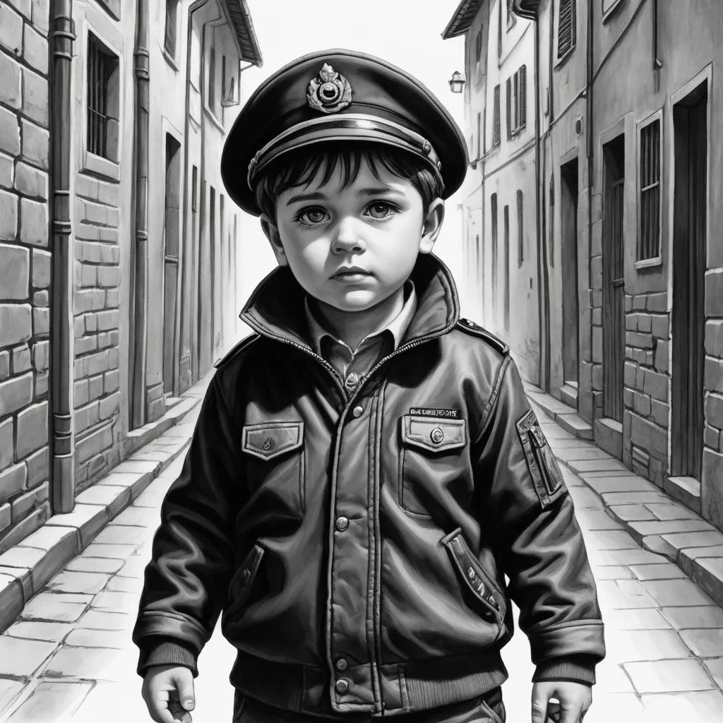 a drawing of a boy in a jacket and hat walking down a street with a suitcase in his hand, photorealism, an ultrafine detailed painting, Diego Gisbert Llorens, highly detailed digital painting