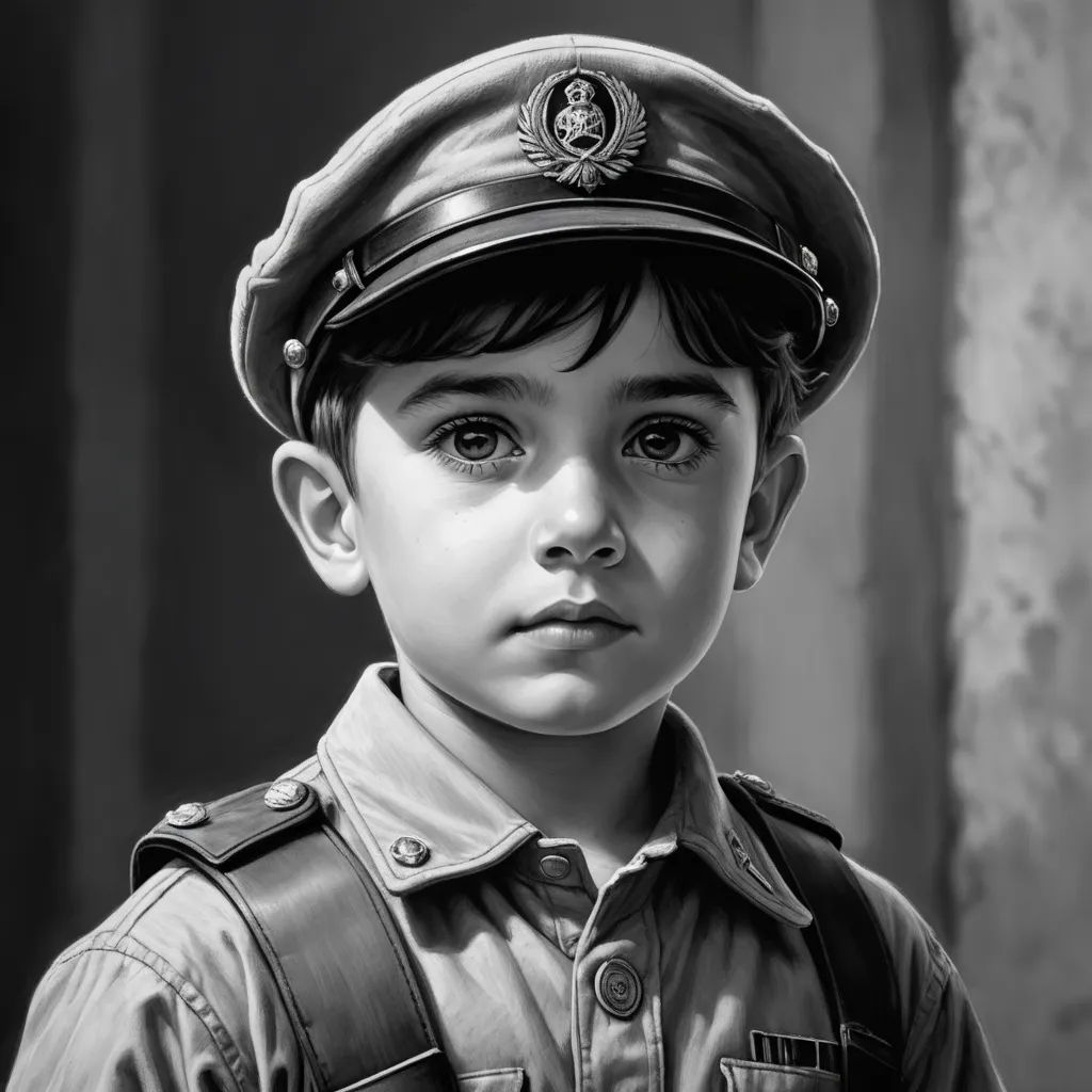 a black and white photo of a young boy in a uniform with a hat on his head and a serious look on his face, photorealism, an ultrafine detailed painting, Diego Gisbert Llorens, highly detailed digital painting