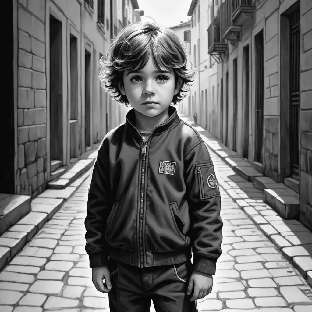 a little boy standing in a narrow alley way in a black and white photo with a black and white background, photorealism, an ultrafine detailed painting, Diego Gisbert Llorens, highly detailed digital painting
