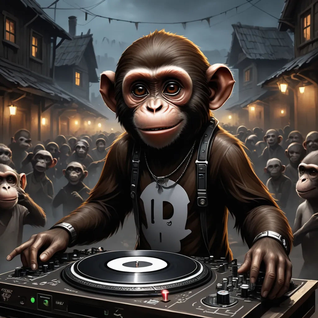 a monkey dj playing a record on a turntable in front of a crowd of people in a dark city, funk art, a character portrait, Alex Petruk APe, behance hd