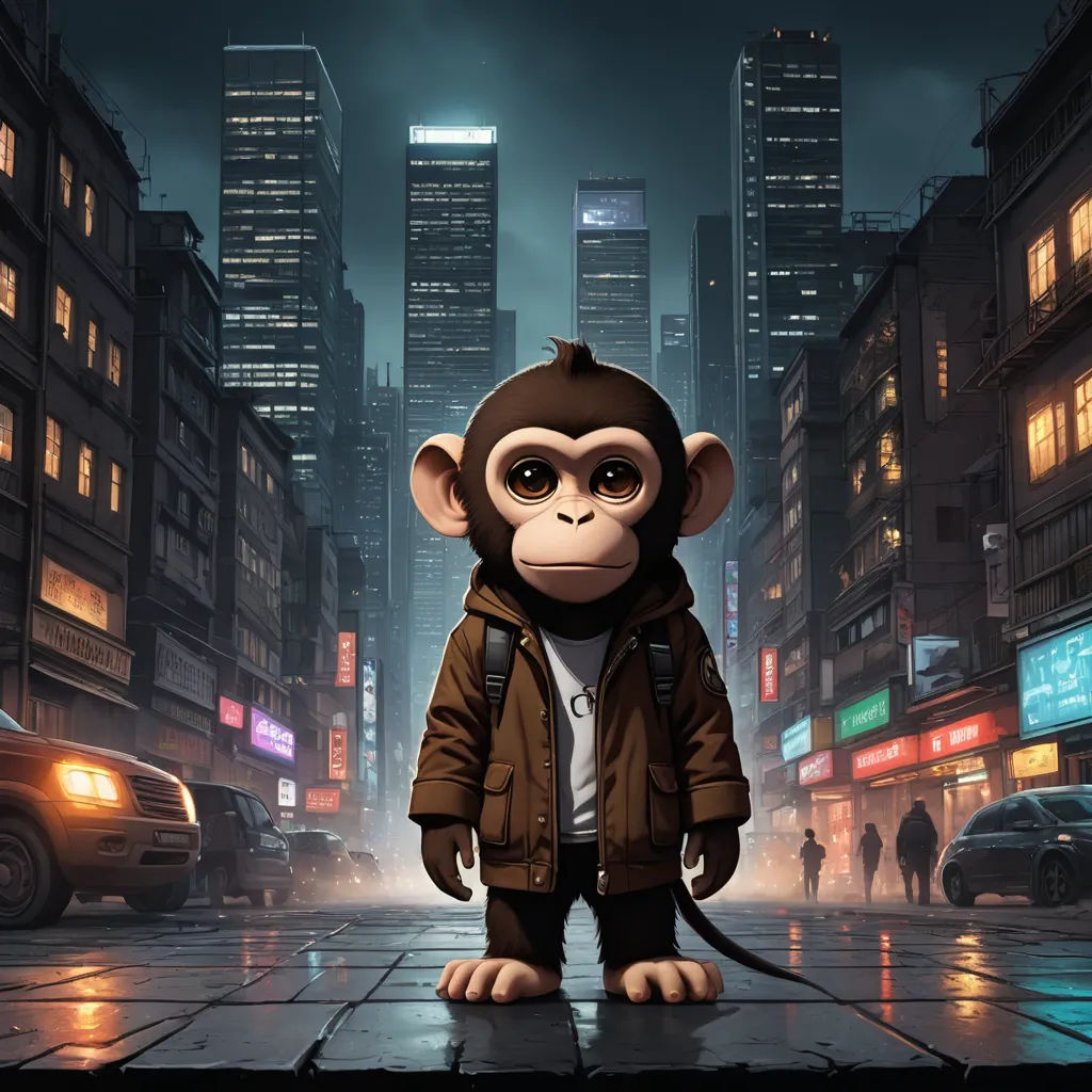 a monkey in a jacket standing in the middle of a city street at night with a cityscape in the background, concrete art, poster art, Diego Gisbert Llorens, cgstudio