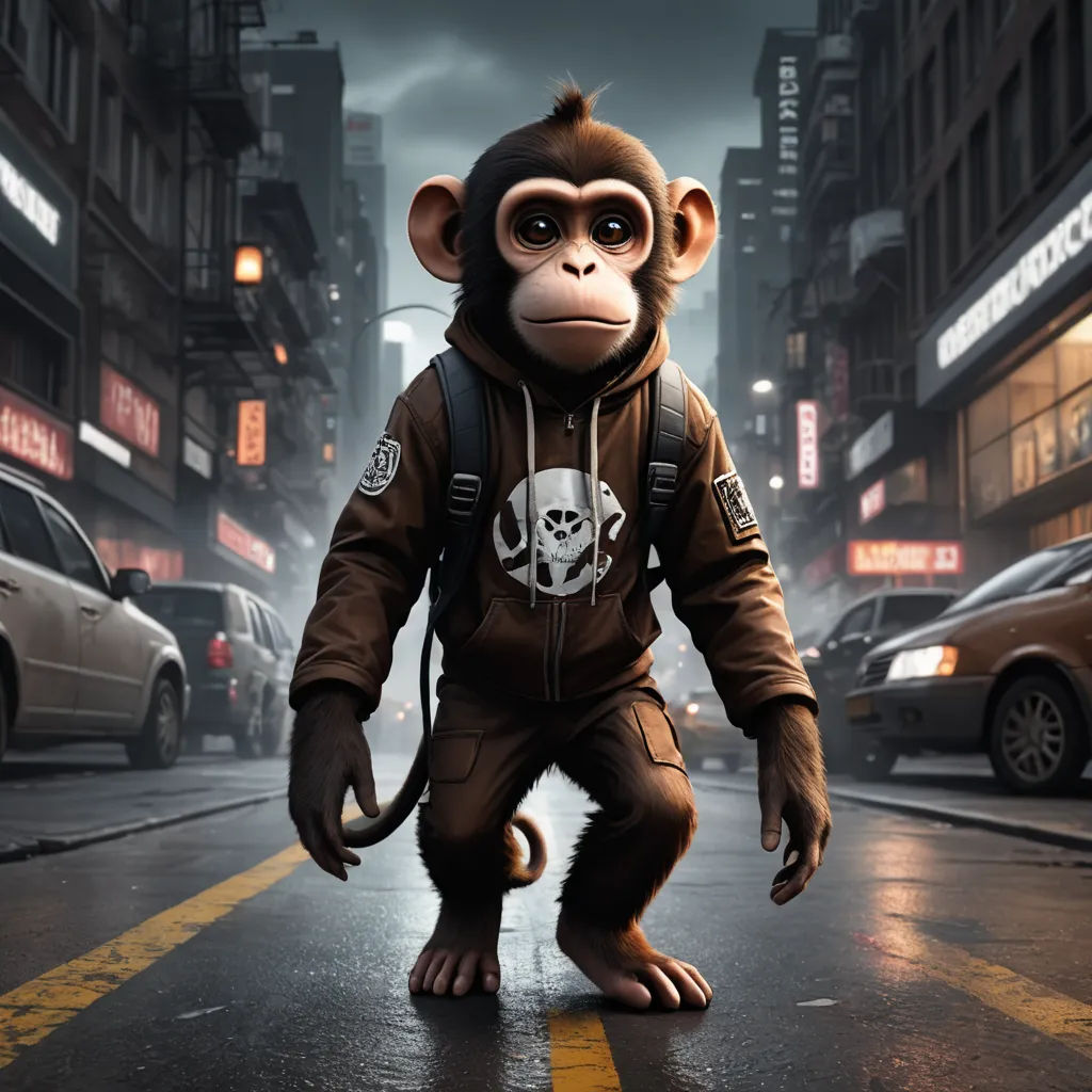 a monkey in a monkey suit is standing on a street corner in a city at night with a lot of traffic, photorealism, poster art, Eddie Mendoza, cgstudio
