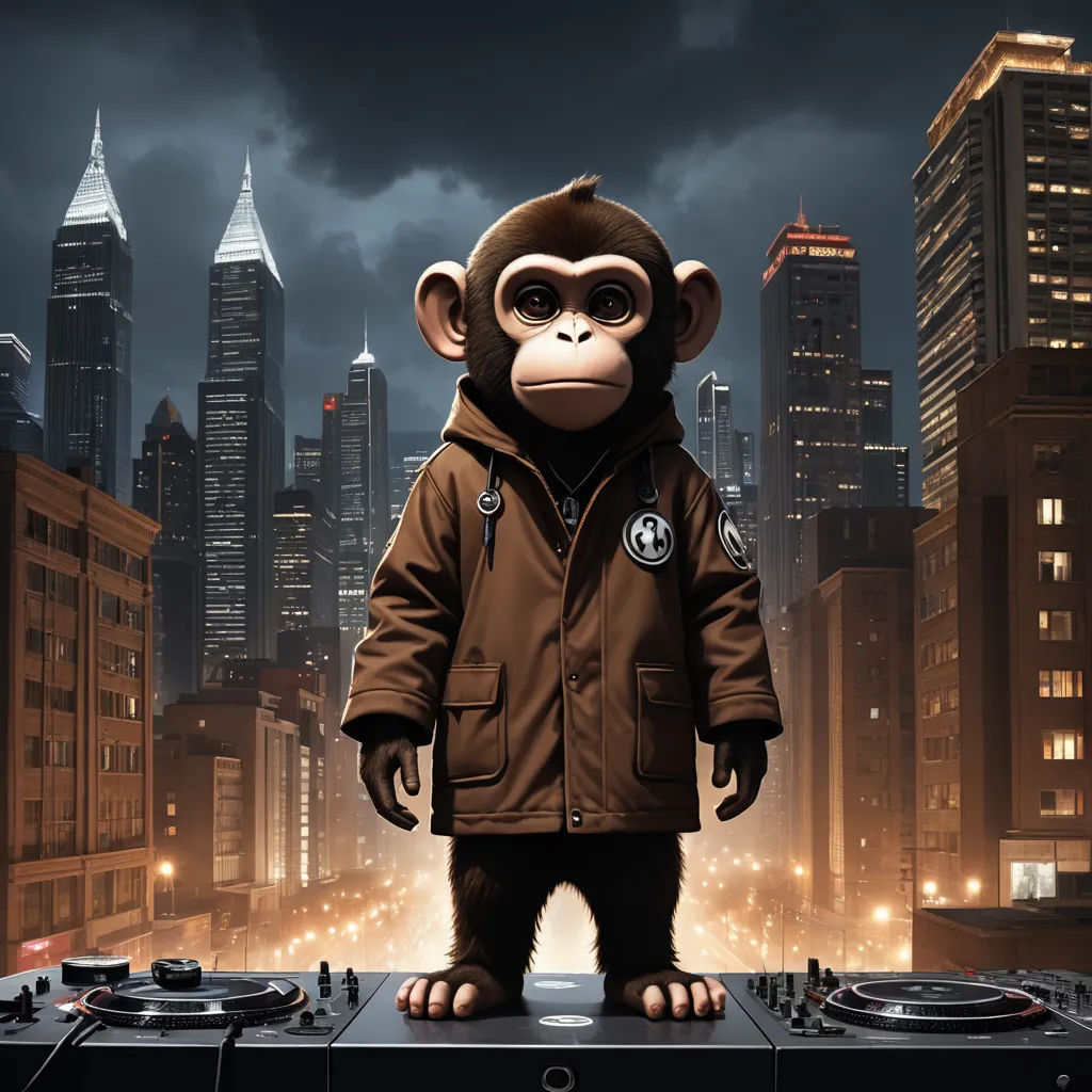 a monkey dressed in a brown jacket standing in front of a dj's turntable in a city, fantastic realism, a character portrait, Altichiero, promotional image